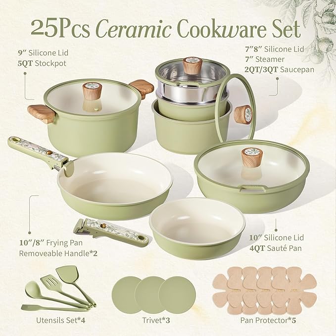 CAROTE 25-Piece Ceramic Cookware Set, Nonstick Pots and Pans Set with Detachable Handle, Non-Toxic Kitchen Cooking Set, Dishwasher & Oven Safe, Induction Compatible, PFAS Free, Green