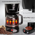 Mixpresso 12 Cup Coffee Pot, Auto-Off & Reusable Filter, Large Drip Coffee Maker, Borosilicate Glass Carafe, Anti-Drip, Water Window, Easy On/Off Switch, Black Coffee Machine