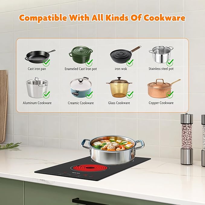 12" Ceramic Cooktop with 120V Plug, Electric Cooktop 1700W 2-Burner, Touch Control with Timer & Child Lock, Built-in or Countertop