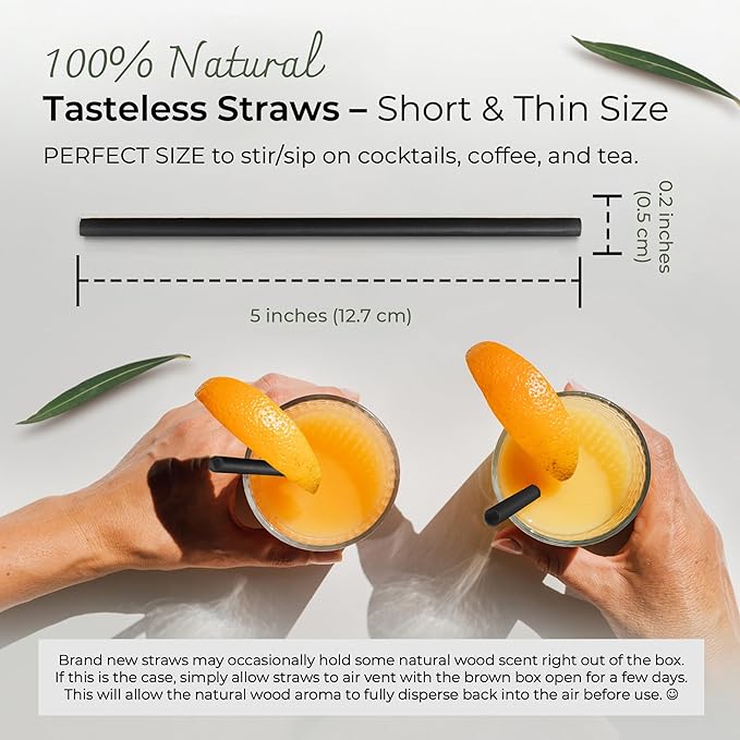 5” Short Biodegradable Bamboo Fiber Cocktail Straws | 200 Count, 100% Compostable, Plastic-Free, Eco-Friendly Drinking Straws | 5-Inch, Heat-Resistant PHA Coffee and Cocktail Stirrers (Black)