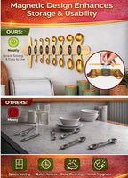 Magnetic Measuring Spoons Set with Strong N45 Magnets, Heavy Duty Stainless Steel Metal, Fits in Most Kitchen Spice Jars for Baking & Cooking, BPA Free, Multicolor, Set of 8 with Leveler(Gold)