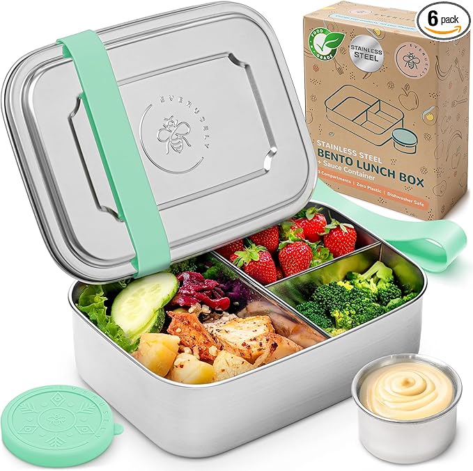 Everusely - Bento Box - Green, 47oz / 1.4 L - Large Stainless Steel Lunch Box with Leakproof Condiment Container - 3 Compartment Snack Organizer for On the Go Meals - Freezer & Dishwasher Safe