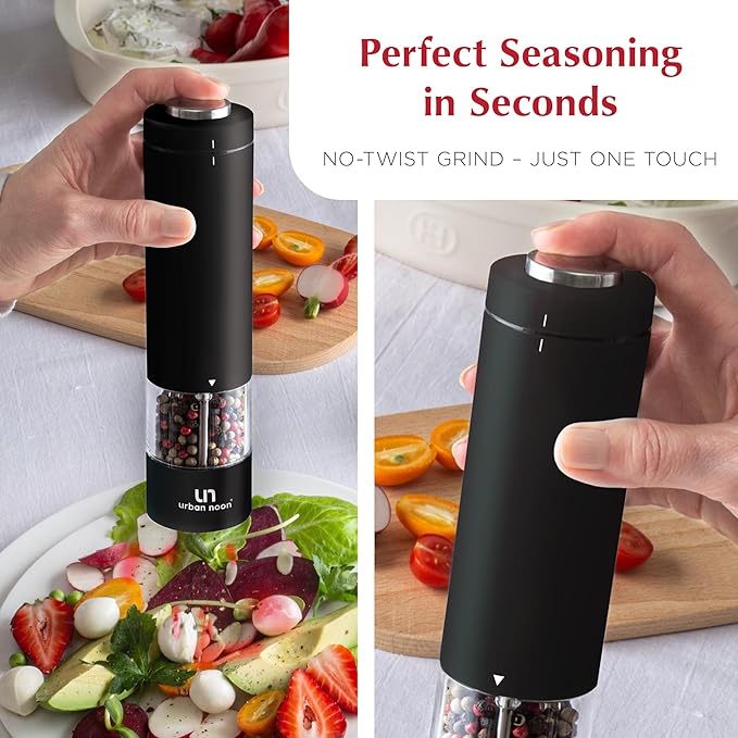Electric Salt and Pepper Grinder Set - Battery Operated Stainless Steel Mill with Light (2 Black Mills) - Automatic One Handed Operation - Electronic Adjustable Shakers - Ceramic Grinders