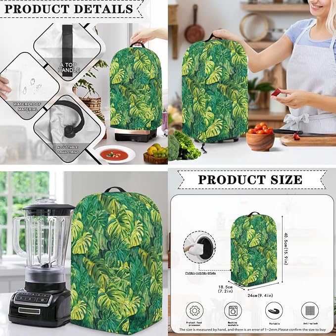 Monstera Leaves Small Appliance Covers 3 Pcs Set Waffles Maker Oven Dust & Blender Cover with Top Handle & Crock Pot Dust Cover Fingerprint Protection
