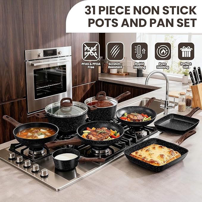 Pots and Pans Set Non Stick, 31 Piece Kitchen Induction Cookware & Bakeware Set, Nonstick Kitchen Cooking Pans Set with Frying Pans Set Grill Pan Saucepan Baking Sheet & Utensils, PFOA Free