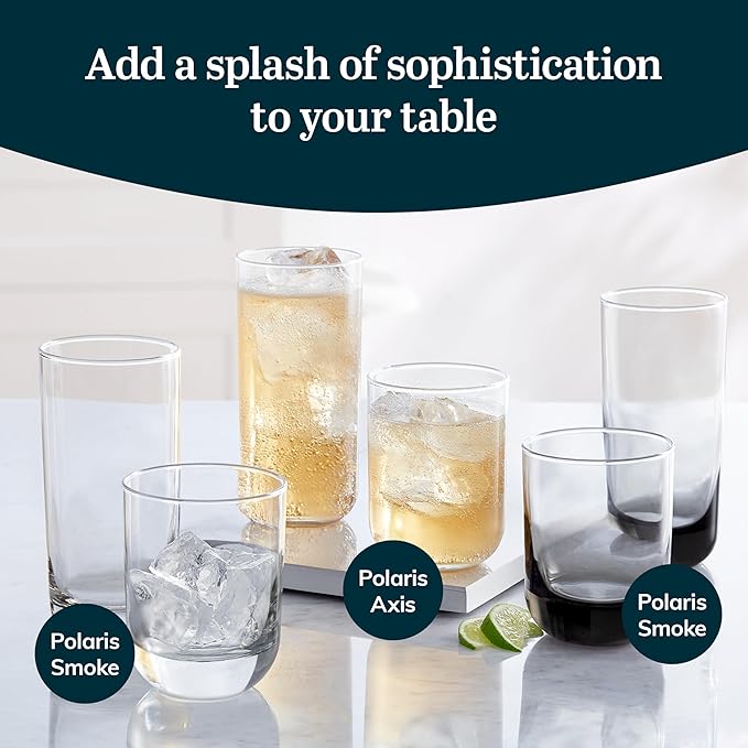 Libbey Polaris Tumbler and Rocks, Axis Glass Cups Set of 16, Elegant Mixed Drinking Glasses with Modern Clean Lines, Dishwasher Safe Glassware Set