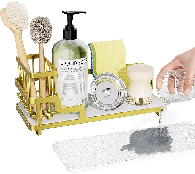 Consumest Sponge Holder for Kitchen Sink - Sink Caddy Organizer with Water Absorbing Stone Tray, Detachable Brush Holder, Stainless Steel Kitchen Counter Organizer Rack, Gold