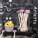 JarThenaAMCS 120Pcs Halloween Coffee Stirrers Disposable Pink Black Ghost Bat Cat Pumpkin Stir Sticks Wooden Drink Stirrer for Hot Chocolate Milkshake Restaurant Home Office