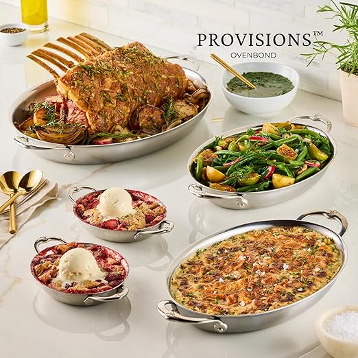 Hestan Provisions Oval Roasting Pan and Au Gratin Dish, 5.5 Quart Clad Stainless Steel, 17.5 x 14 Inch - Designed with Thomas Keller, Oven Safe 600F, Dishwasher Safe