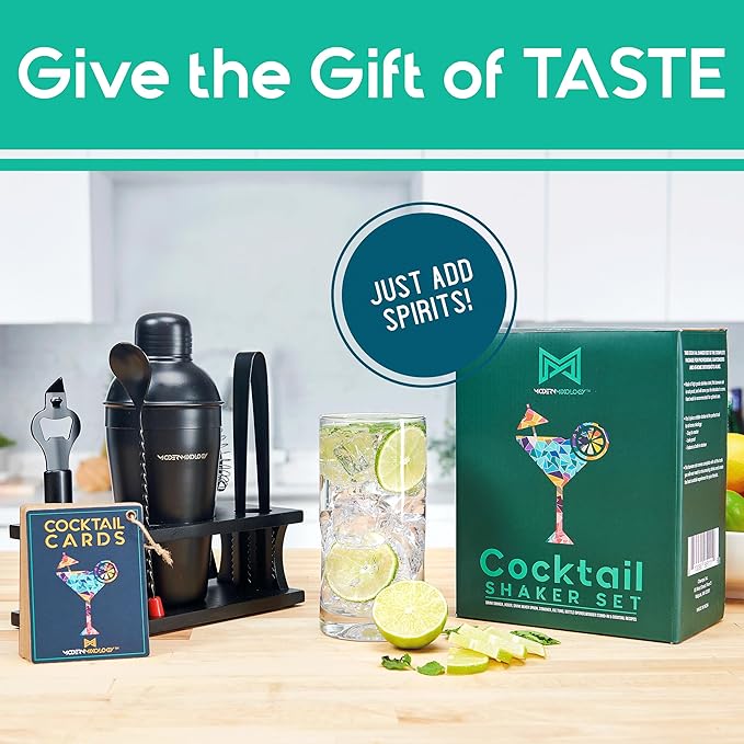 Modern Mixology Cocktail Shaker Set - 8 Piece Bartender Kit on Quality Pine Stand | Complete Cocktail Kit Gift Set | Top Bartender Gifts for Men | Leak Proof Design (Black)
