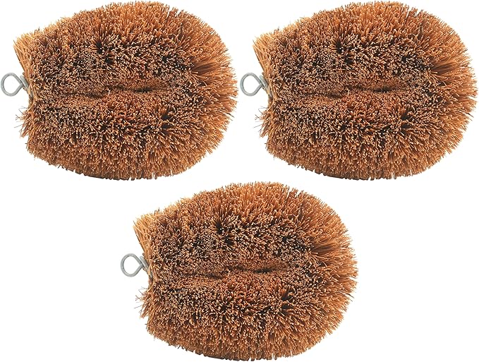 3pcs Tawashi Vegetable Scrub Brush, Coir Vegetable Brush, 100% Natural Coconut Scrubber, Japanese Fiber Clean Brush for Kitchen Cleaning Fruit Vegetable Needs, Dark Brown