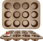 Satax Muffin Pan for Baking, Nonstick Cupcake Tin 12 Cup,sets of 2,Heavy Duty Steel Muffin Pan (Gold, 12-cup)