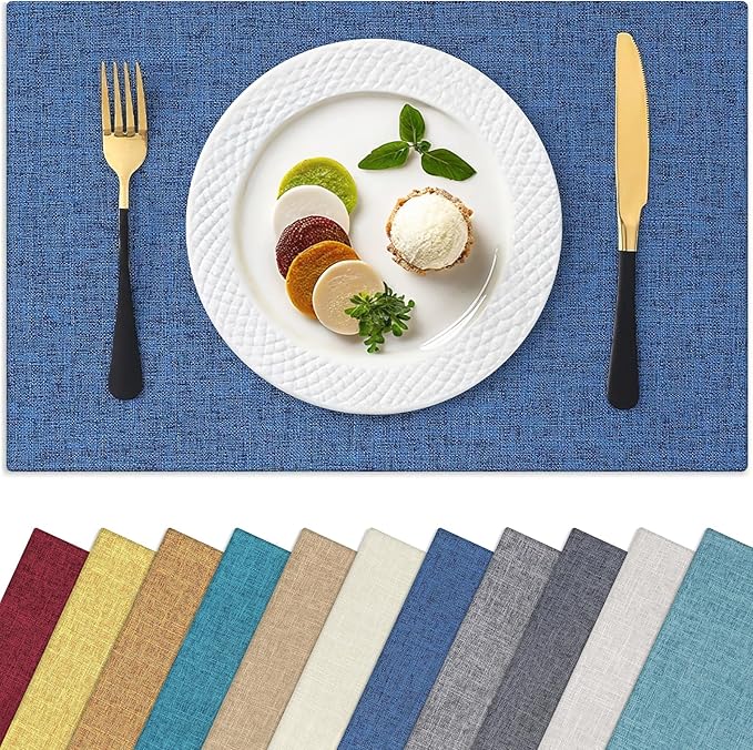 Homaxy Cloths Placemats for Dining Table Set of 4, Heat Resistant Washable Cotton Linen Blend Table Mats, Easy to Clean Place Mats for Indoor Outdoor Party Kitchen Decoration, 13" x 19", Blue