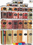 PRAKI 30 Pack Airtight Food Storage Containers for Kitchen Pantry Organizers and Storage, Plastic Kitchen Storage Canisters with Lids,Cereal, Flour & Sugar Containers - Labels, 6 Spoon & Marker
