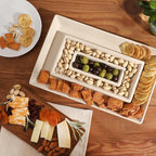 Gibson Elite 3-Section Stoneware Serving Tray with Acacia Lid – Taupe Rectangular Chip & Dip, Condiment, Snack and Appetizer Server for Parties & Entertaining