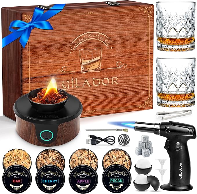 Electric Whiskey Smoker Kit, Luxurious Wooden Box, with 4 Wood Chips, Torch, Ice Molds, 2 Glasses, Stones, Old Fashioned Bourbon Cocktail Smoker Infuser Kit, Whiskey Gifts for Men, Husband (No Butane)