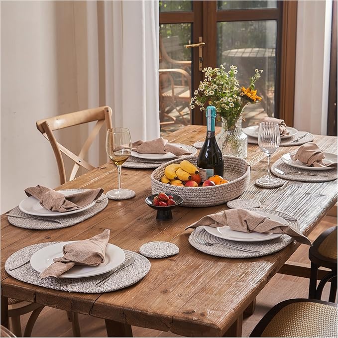 Placemats Set of 6 Oval – Woven Boho Farmhouse Table Mats for Dining Table for 6, Kitchen Decor, Washable and Handmade Rustic Table Accessories (Oval Plus, Taupe Mix)