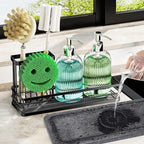 Sink Caddy Organizer with Water Absorbing Stone Tray, Instant Dry Sponge Holder Smiley Face, Dish Brush Holder for Countertop, Kitchen Storage Accessories and Organization Essentials (Black)
