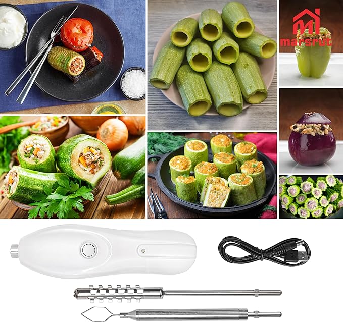 Zucchini Corer Electric Vegetable Core Remover with 2 Cutter Heads, Cordless Portable Machine Scraper, Stainless Steel Rechargeable Kitchen Drill for Jalapeno Veggie Fruit Digging Scraping Fish Scale