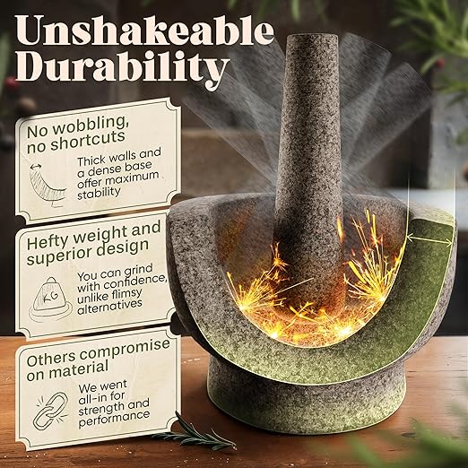 ChefSofi 3.5 Cup-Capacity Mortar and Pestle Set - Unpolished Heavy Granite for Enhanced Performance and Organic Appearance