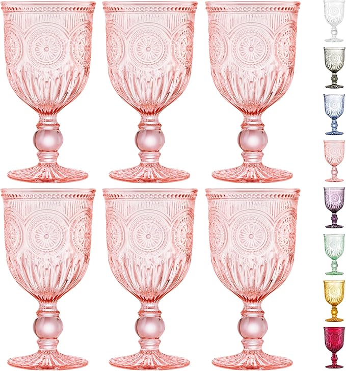 Yungala Pink Wine Glasses Set of 6 Vintage Hobnail Goblets 10 oz Transparent Glassware with Stems Dishwasher Safe