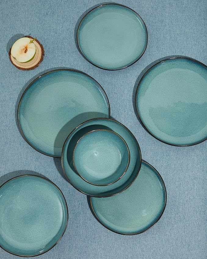 Pokini 24 Piece Stoneware Dinnerware Set for 8, Reactive Glaze Plates and Bowls Sets | Designed for Holiday Dinners, Thanksgiving, Party Hosting | Durable Irregular Coastal Design, Green Black