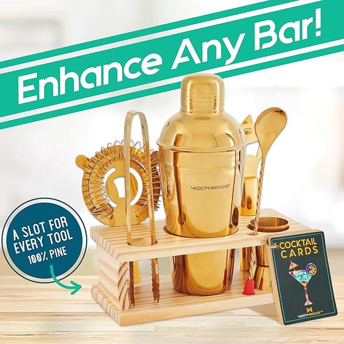 Modern Mixology Cocktail Shaker Set - Bartender Kit with Pine Stand | Leak-Proof Design | Includes Martini Shaker, Jigger, Strainer, Spoon, Tongs | Perfect Bar Tools Gift for Home Mixology (Gold)