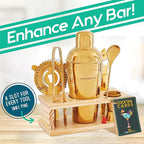 Modern Mixology Cocktail Shaker Set - Bartender Kit with Pine Stand | Leak-Proof Design | Includes Martini Shaker, Jigger, Strainer, Spoon, Tongs | Perfect Bar Tools Gift for Home Mixology (Gold)