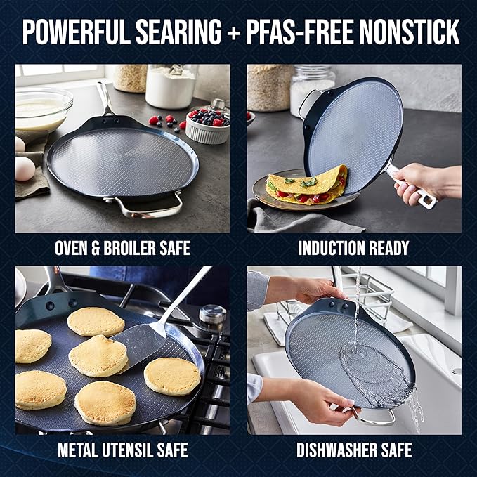 Blue Diamond Hybrid Nonstick Stainless Steel 12" Griddle Pan, XL Skillet, PFAS-Free Ceramic Diamond Bond Searing, Pancakes & Omelets, Dishwasher Safe, Stay-Cool Handle, Induction Ready, All Cooktops