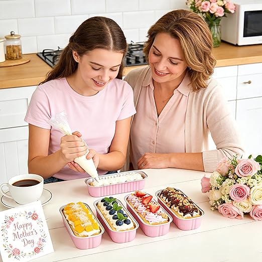 NPLUX 50 PACK Mini Cake Pans with Lids and Spoons,Rectangular Aluminum Foil Bread Pan,Mini Loaf Pans and Food Containers with Lids(Pink,6.8oz)