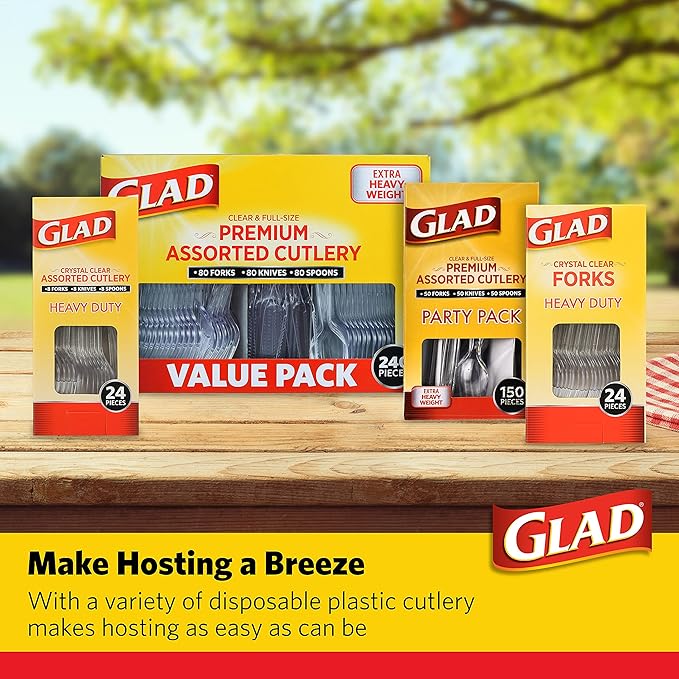 Glad Premium Assorted Plastic Cutlery | Clear Extra Heavy Duty forks, Knives, And Spoons | 150 Piece Set of Disposable Party Utensils, and Sturdy Cutlery