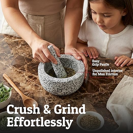 Priority Chef Heavy Duty Extra Large Mortar and Pestle Set, 4 Cup, Hand Carved from Natural Granite, Make Fresh Guacamole, Salsa, Pesto, Stone Grinder Bowl, Herb Crusher, Spice Grinder, Grey