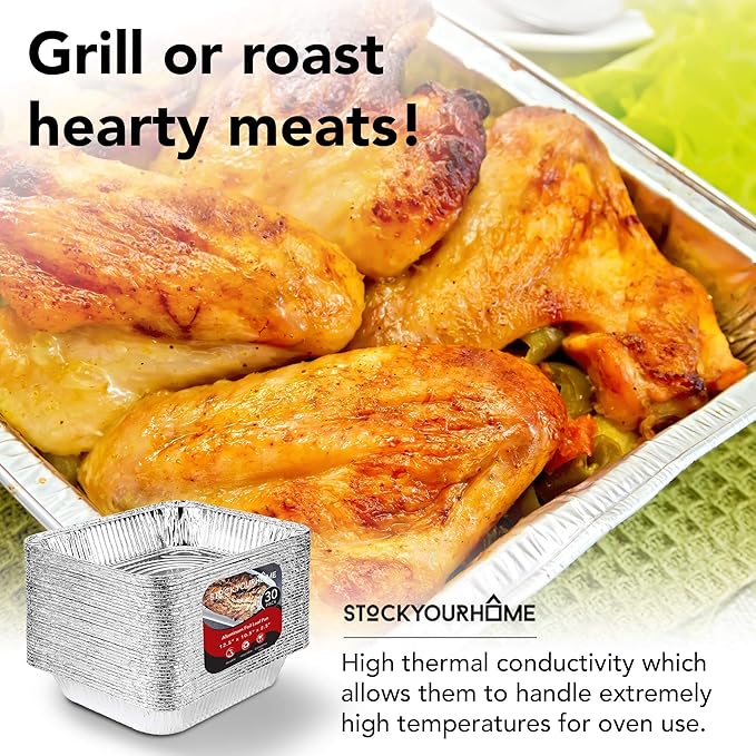 Stock Your Home Aluminum Pans 9x13 Disposable Foil Pans (30 Pack) - Half Size Steam Table Deep Trays - Tin Foil Pans Great for Cooking, Heating, Storing, Prepping Food