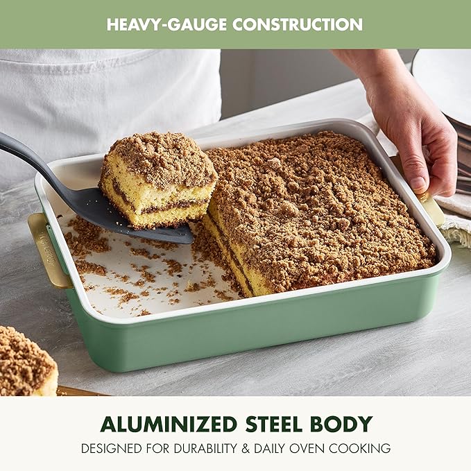 GreenPan Bakeware 13” x 9” Rectangular Cake Pan, Ceramic Nonstick Baking Pan, PFAS & BPA Free, Gold Handles, Durable Steel, Freezer to Oven Dish, Scratch Resistant, Bake & Roast Ovenware, Sage Green