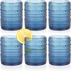 KMIGRUAN Hobnail Drinking Glasses Set of 6,12oz Blue Vintage Glassware,Cocktail Glasses,Embossed Glass Cups,Water Tumbler for Whiskey, Juice and Various Mixed Drinks
