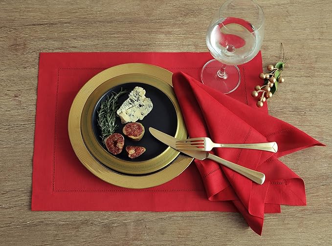Solino Home Red Linen Napkins Set of 4-100% Pure Linen Hemstitch Dinner Napkins 20 x 20 Inch for Valentines, Holiday, Winter, New Year - Classic Hemstitch