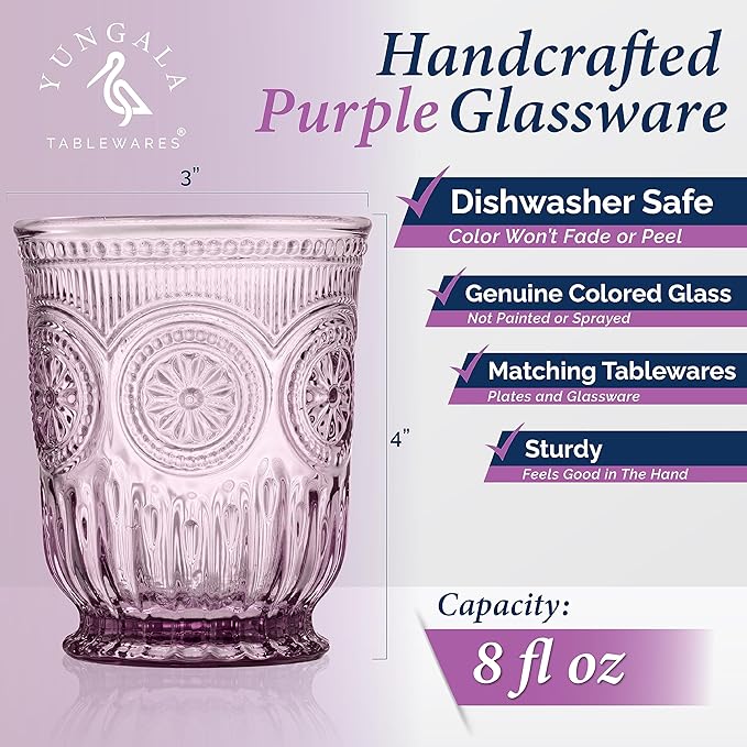 Yungala Purple Glassware, set of 6 purple drinking glasses small textured colored vintage glass cups 8 oz purple water glasses