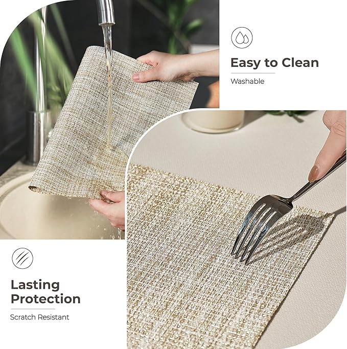 Leetaltree Luxury Beige and Gold Woven Placemats Set of 4 - Waterproof Washable Textured Table Mats for Wedding, Anniversary, Daily Use - Sparkling Metallic Thread Table Decor - Hand-Cut