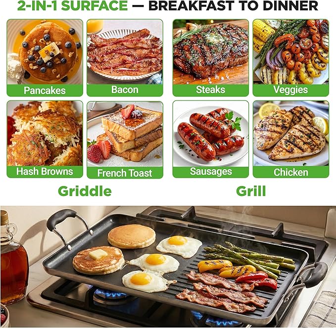 NutriChef 24" Stove Top Griddle Pan, Nonstick Double Burner Grill & Griddle Combo, Ridged & Flat Surfaces, Suitable for Frying & Searing, Cool-Touch Handles, Easy to Clean, Black
