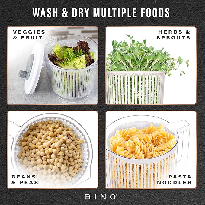 BINO | Salad Spinner - 2.6 Qt | Small Manual Lettuce Spinner with Built-in Draining System | Salad Spinner, Colander, and Water Pitcher in One | Fruit & Vegetable Basket Colander | Kitchen Gadgets