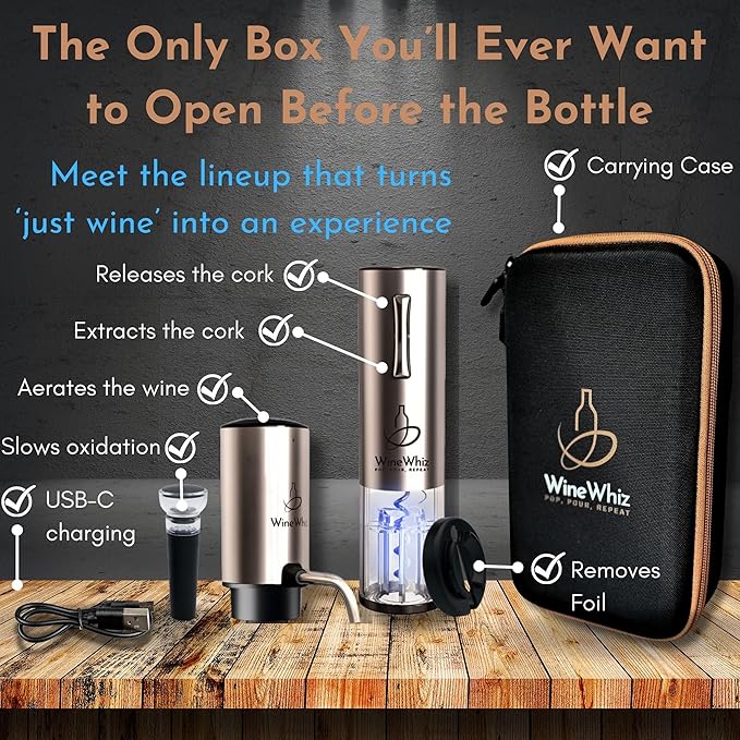 Electric Wine Aerator & Opener Set by WineWhiz with Case and Accessories (Rechargeable Stainless Steel Corkscrew, Dispenser, Foil Cutter Tool, Stopper), Ideal Gift for Housewarming