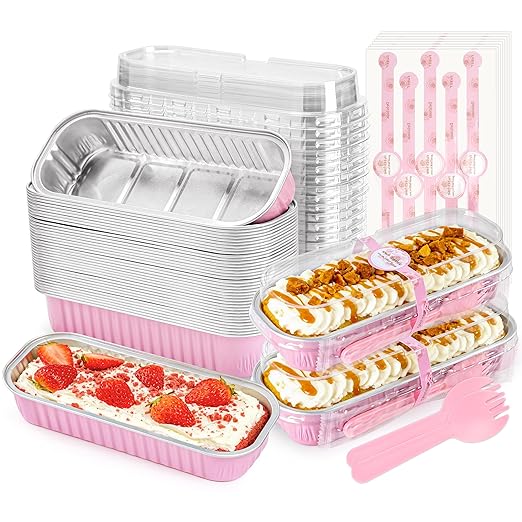 NPLUX 100 Pack Mini Cake Pans with Lids and Spoons Rectangular Aluminum Foil Baking Pans Mini Cheesecake Containers(6.8oz)