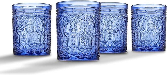 Godinger Old Fashioned Whiskey Glasses, Drinking Glasses, Vintage Decor, Glass Cups, Water Glasses, Cocktail Glasses - Jax Collection, 12oz, Blue, Set of 4