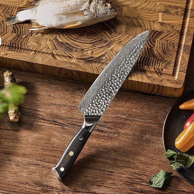 KYOKU Chef Knife - 8"- Shogun Series Japanese Style VG10 Steel Core Hammered Damascus Blade Kitchen Knife - with Sheath & Case