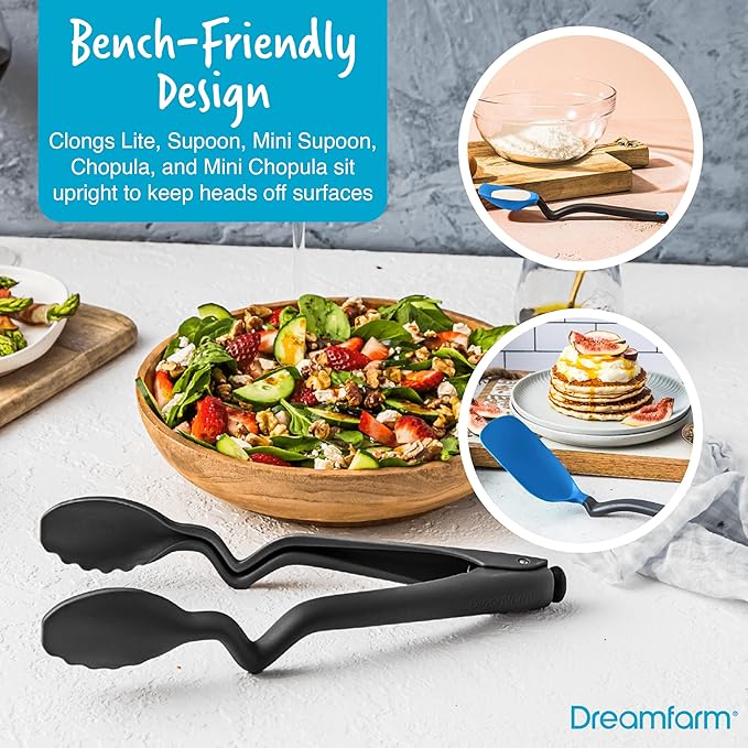 Dreamfarm Cooking Utensil Set (Classic Blue) – Tongs with Lock, Measuring Scraper Spoon, Jar Scraper, Multipurpose Spatula, Mini Turner – Non‑Stick Safe Nylon & Silicone Tools for Cooking & Baking