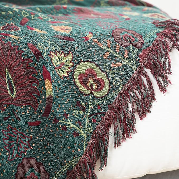 MSGKV Cotton Bed Blanket for Couch and Sofa Blankets for Living Room Bedroom Reversable Florals Throw 80"x90" Breathable Cozy Boho Blankets