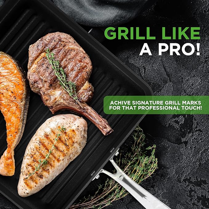 NutriChef 11" Non-Stick Grill Pan for Indoor Cooking - Hard Anodized Grill Pan for Stove Tops with High Ridges, Strong Handles, Dishwasher Safe