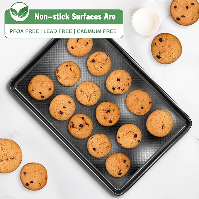 Tiawudi Baking Sheet Pan Set, 0.8mm Thick Heavy Duty Cookie Sheet with Diamond Texture Pattern, Nonstick Baking Tray for Oven, Carbon Steel Half, Jerry Roll Pan, Set of 3