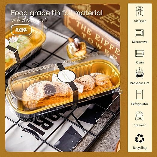 NPLUX 50 Pack Mini Cake Pans with Lids and Spoons Black Gold Rectangular Aluminum Foil Baking Pans Mini Cheesecake Containers(6.8oz)