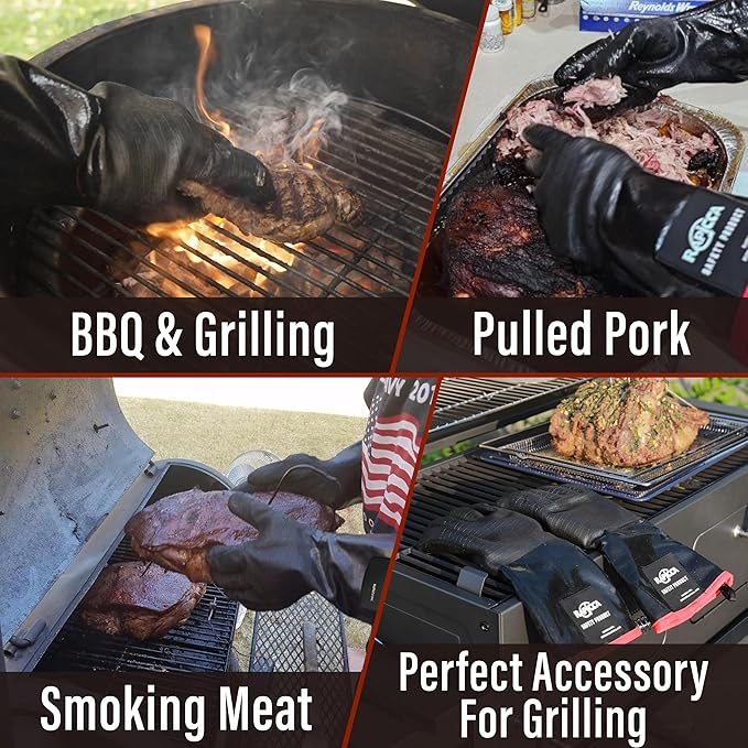 RAPICCA Heat Resistant BBQ Grill Gloves: Oil Resistant Waterproof for Smoking Grilling Cooking Barbecue Deep Frying Turkey Rotisserie Handling Hot Greacy Meat - Long Sleeve 932°F
